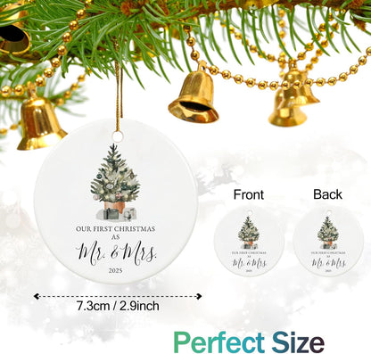 Our First Christmas Married Ornament 2025, Just Married Gifts for Couple, Mr and Mrs, Ceramic Keepsake with Ribbon and Gift Box