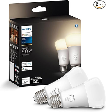 Philips Hue Smart 60W A19 LED Bulb - Soft Warm White Light - 2 Pack - 800LM - E26 - Indoor - Control with Hue App - Works with Alexa, Google Assistant and Apple Homekit