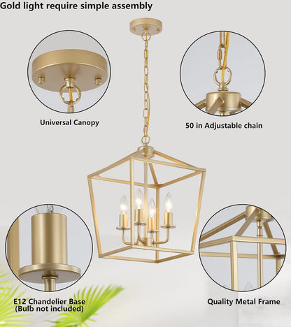 Industrial 4 Lights Chandelier, Gold Lantern Ceiling Light Fixtures with Rustic Metal Cage Adjustable Height Farmhouse Geometric Hanging Light for Kitchen Island, Dining Room, Entryway, UL Listed