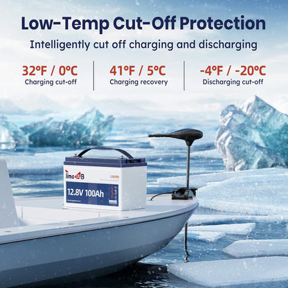12V 100Ah TM Low-Temp Protection LiFePO4 Battery, Timeusb Group 31 Deep Cycle Battery, Lithium Iron Phosphate Battery for Trolling Motor, RV, Solar, Travel Trailer, Energy Storage- Off Grid