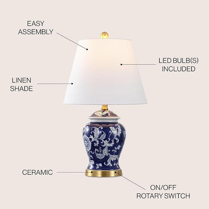 JONATHAN Y 22" Navy/White Ceramic Table Lamp, French Country Chinoiserie Ginger Jar LED Bedside Lamp for Living Room Bedroom, White Linen Shade (JYL3005D)