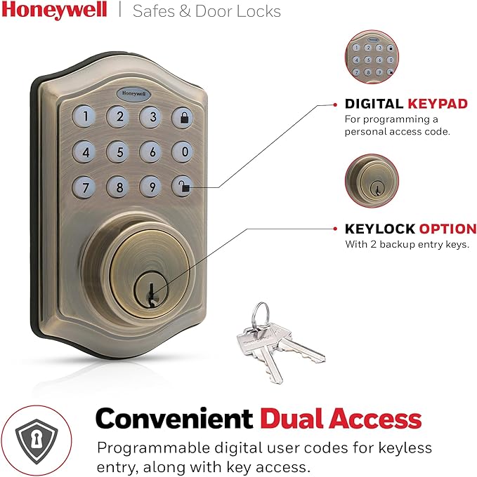Honeywell Safes & Door Locks - Keyless Entry Door Lock with Smart Electronic Keypad Deadbolt - Easy Installation & 50 Different User Pin Codes - Auto Lock - Antique Brass - 2.9 x 2 x 6.2 in - 8712109