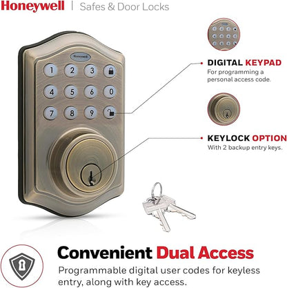 Honeywell Safes & Door Locks - Keyless Entry Door Lock with Smart Electronic Keypad Deadbolt - Easy Installation & 50 Different User Pin Codes - Auto Lock - Antique Brass - 2.9 x 2 x 6.2 in - 8712109