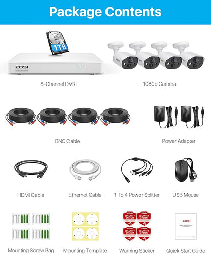 ZOSI C303 Spotlight Home Security Cameras System with Audio,8CH 5MP Lite DVR,4pcs 1080p Outdoor Cameras,Night Vision,Person Vehicle Detection,Light&Siren Alarm,1TB HDD for 24/7 Recording