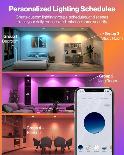 Sunco 4 Pack LED Recessed 6 Inch, Smart RGBW Color Changing Can Lights, High Brightness 1200 LM, 14W, Retrofit Installation, Compatible with Amazon Alexa & Google Assistant - UL