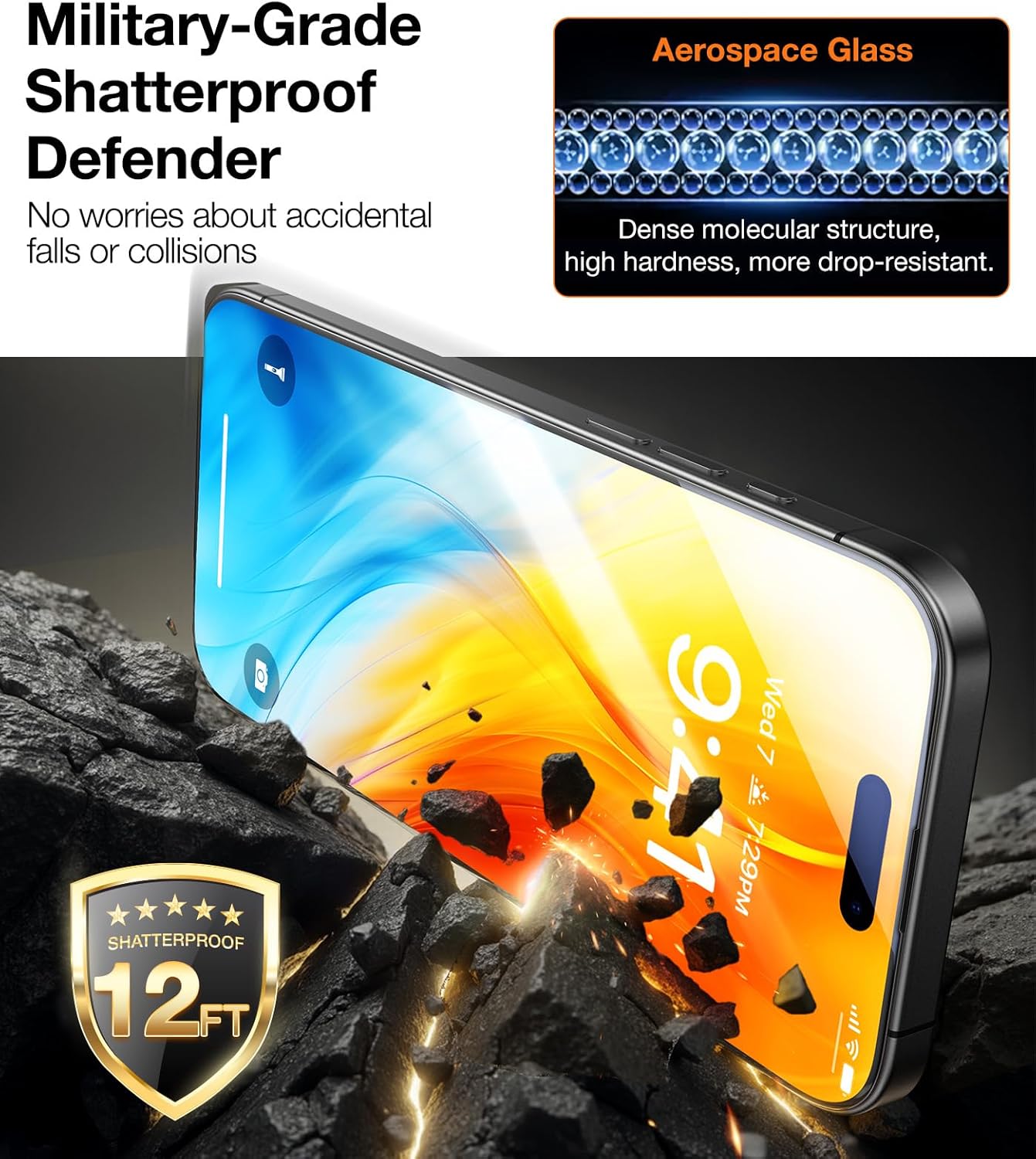 TORRAS Diamond Shield for iPhone 15 Pro Screen Protector [Military-Grade Protection] 9H+ Unbreakable Shatterproof Aerospace Tempered Glass Full Coverage InstaFit Bubble-Free, 2-Pack