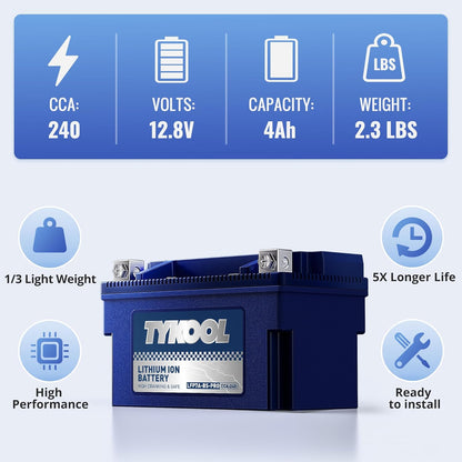TYKOOL YTX7A-BS -Pro 12.8V 4Ah 240CCA High Performance Lithium Powersports Battery with Smart BMS, Compatible Motorcycle, Scooter,ATV, UTV, Snowmobiles,4 Wheeler, Lawn Mower, and Generator Battery