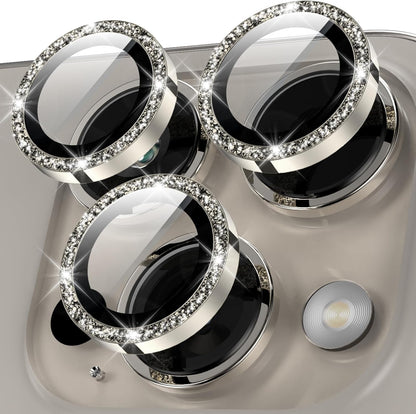 YWXTW Designed for iPhone 15 Pro/iPhone 15 Pro Max Camera Lens Protector Bling, [New Glitter Design] Individual Metal Tempered Glass Camera Cover Accessories Case Friendly (Natural Titanium Glitter)