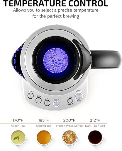 OVENTE 1.7L Electric Tea Kettle with Removable Infuser, Variable Temperature Control, Keep Warm Function, 1500W Fast Heating Water Boiler, BPA Free Borosilicate Glass & Easy to Fill Lid, Silver KG733S
