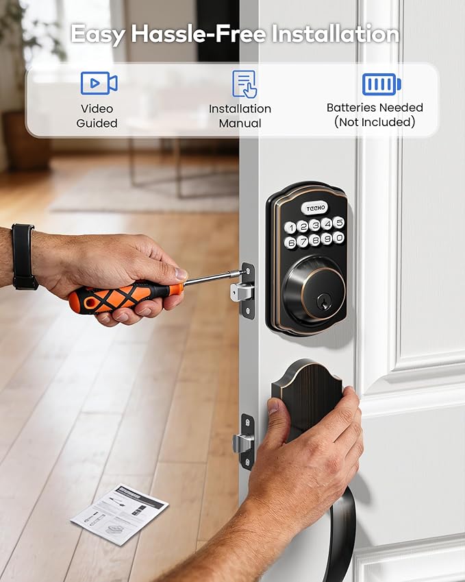 TEEHO TK001H Keyless Entry Door Lock with Handle Set, Electronic Deadbolt Keypad Door Lock with Code, Smart Locks for Front Door, Exterior Door Handle, Auto-Lock, Easy to Install, Oil-Rubbed Bronze