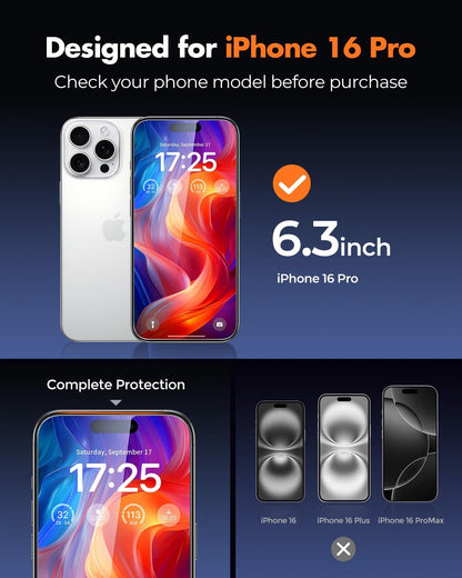 UNBREAKcable 2-Pack Screen Protector for iPhone 16 Pro, Double Shatterproof Tempered Glass [Easy Installation Frame] [9H Hardness] [99.99% HD Clear] [Case Friendly] for iPhone 6.3 inch