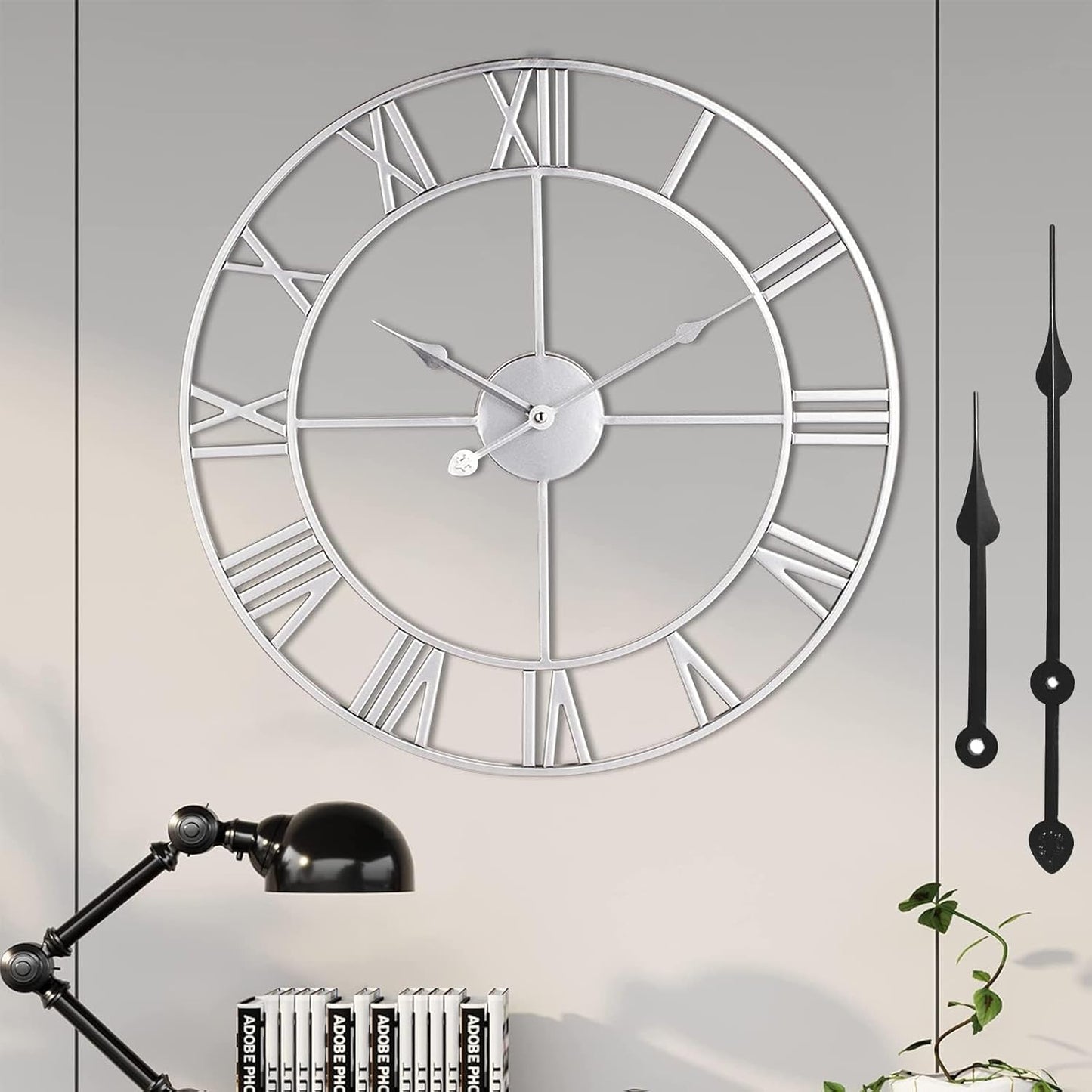 1st owned Large Wall Clock Silent Non-Ticking Roman Numerals Vintage Battery Operated (24 inch,18inch,16inch) Farmhouse Wall Clock for Living Room, Bedroom, Kitchen, Cafe Decor-Silver 40CM