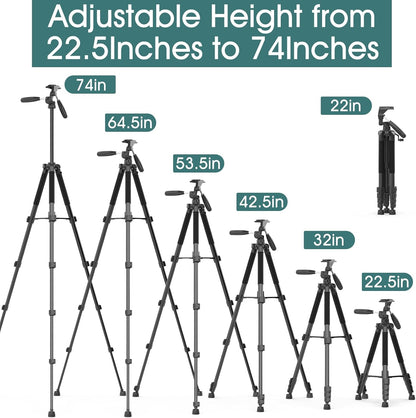 UBeesize 74" Camera Tripod with Phone Holder and Remote, Heavy Duty Tripod Stand with Portable Bag for Phone and Camera, Compatible with DSLR Cameras, Cell Phones, Spotting Scopes and Binoculars