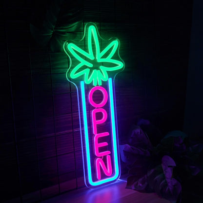 Green Leaf Neon Sign Dimmable Open Neon Lights for Wall Decor LED Neon Sign by USB Powered LED Neon Open Sign For Dispensary Beer Bar Man Cave Coffee Store Hotel Wall Party Decorations 16.8''x7''