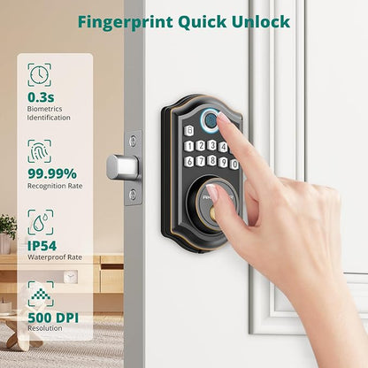 DS10 Pro Keyless Entry Door Lock with APP Control - Fingerprint Electronic Keypad Door Lock, Smart Locks for Front Door, Auto-Lock & One Touch Locking with Bluetooth - Oil Rubbed Bronze