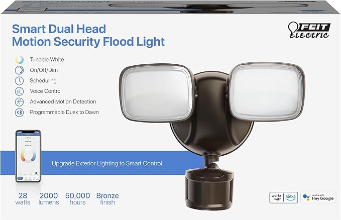 Feit Electric Smart Outdoor Flood Lights with Motion Sensor, 28W LED WiFi Security Light with Dusk to Dawn Compatible with Alexa and Hey Google, Tunable White, 2 Head, Hardwired, S9DFL/CCT/MOT/BZ/AG