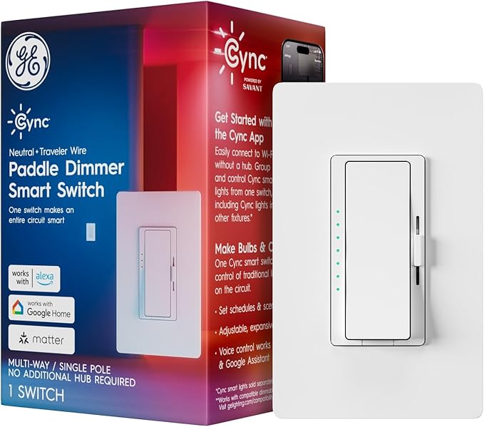 GE Cync Paddle Dimmer Smart Switch, Highly Customizable Dimmer Switch, Works with Alexa and Google Home, Matter Compatible, Easy to Install Smart Light Switch (1 Pack)