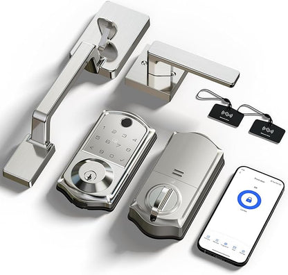 Veise VE017-D Smart Fingerprint Front Door Lock Set, App Control, 8-in-1 Keyless Entry Deadbolt with Lever Handle, Touchscreen Keypad, IP55 Weatherproof, Auto Lock, Easy Install, Satin Nickel