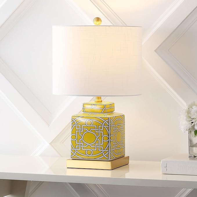 JONATHAN Y 22" Yellow/White Modern Ceramic Ginger Jar Table Lamp for Nightstand, Square Lattice Transitional Chinoiserie Lamp for Living Room, White Linen Shade, LED Bulb (JYL3044C)