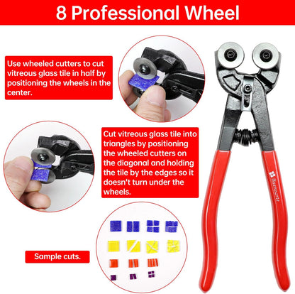 Glass Tile Nippers - Heavy Duty Wheeled Glass Mosaic Nipper & Hd Ceramic Tile Nipper, Tile Cutter Pliers Soft-grip Handle - Shapping Plier, Nipper Cutting Tools (8 Inch Wheeled Glass Mosaic Nipper)