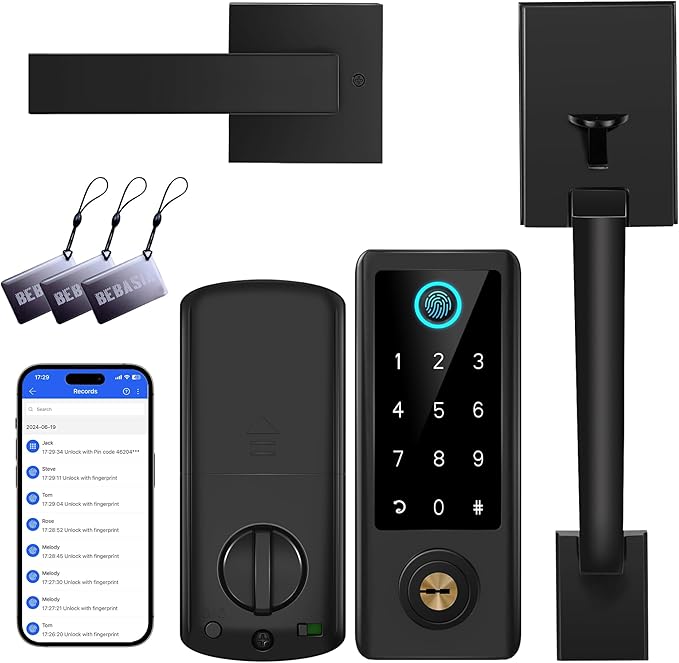 Fingerprint Door Lock with Handle Sets, BEBASIA Keyless Entry Door Lock, Bluetooth Front Handle Set, Smart Deadbolt, Electronic Keypad Digital Lock with Handle, Black