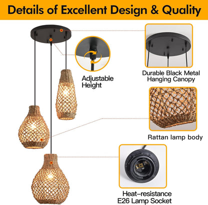 Boho Rattan Pendant Light,3 Light Coastal Woven Wicker Ceiling Hanging Farmhouse Chandelier for Kitchen Island Living Room Dining Room