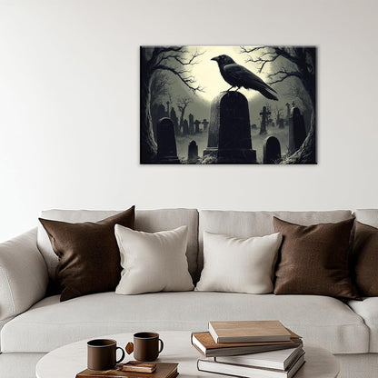 Crow Canvas Wall Art Gothic Black Bird On Branch Painting Print Spooky Forest Full Moon Scenery Poster Artwork Framed Halloween Home Decor(Artwork-3,28"x42")