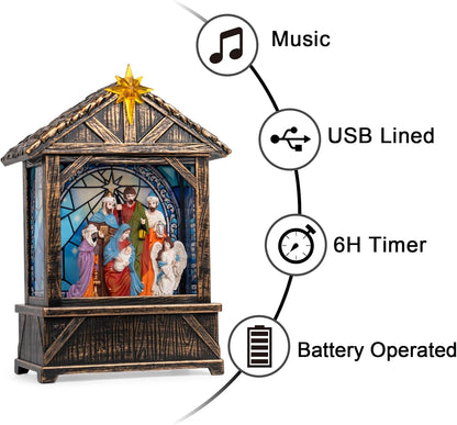Christmas Snow Globe Lantern Water Glittering Nativity Manger with Star, USB Lined/Battery Operated Lighted Lantern for Christmas Festival Decoration Gifts