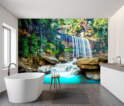 -Green Lake Waterfall Scenery Fabric Wallpaper Living Room Woodland Forest Mountain Bedroom Bathroom Large Wall Mural- 137"x96"（ not Peel and Stick）
