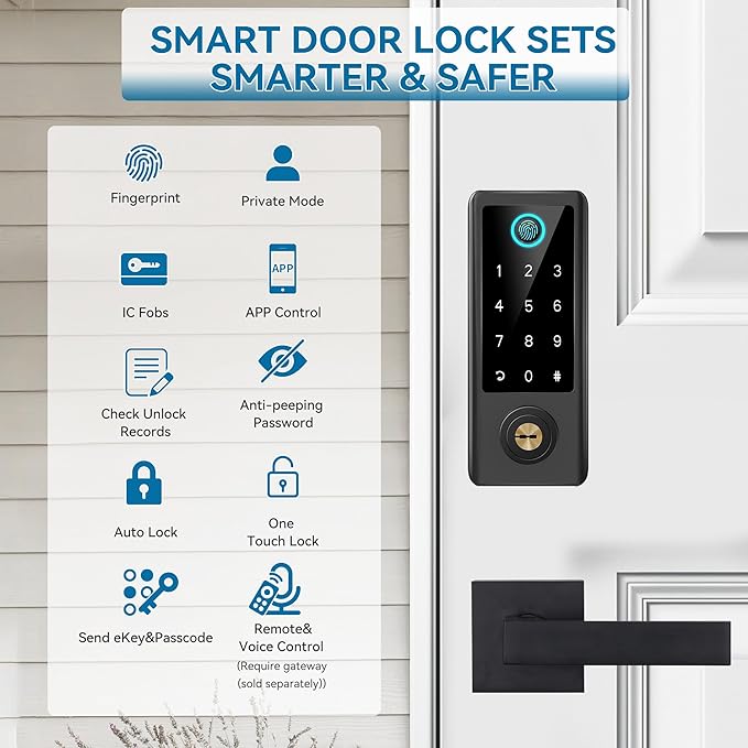 BEBASIA Smart Fingerprint Door Lock with Handle Set, Full App Control, Electronic Digital Touchscreen Keypad, Deadbolt Smart Locks for Front Door, Auto Lock, Black