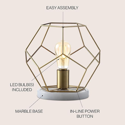JONATHAN Y 10" Brass Gold Geometric Table Lamp, Midcentury Modern Metal Desk Lamp for Living Room Bedroom, White Marble Base, Glam Bedside Nightstand Light with LED Bulb JYL1047A