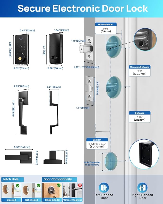 WiFi Front Door Lock Set - Fingerprint Smart Locks Handle Set Keyless Entry APP Smart Control with 2 Lever Handles Auto Lock Electronic Keypad Deadbolt for House Apartment