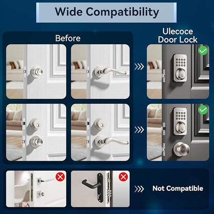 Keyless Entry Keypad Deadbolt with Handle Set, Smart Lock, Auto-Lock + One-Touch Lock, 100 Codes + Easy Install, Ideal for Airbnb/Homes/Offices, Fits U.S. Standard Front Doors, Satin Nickel