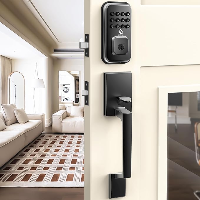 BE-TECH Keyless Entry Smart Door Lock with 2 Pull Handles, Electronic Front Door Locks Set, Digital Keypad Deadbolt, Auto Lock, One Time Codes, Anti Peeping Code, Easy Installation, Black