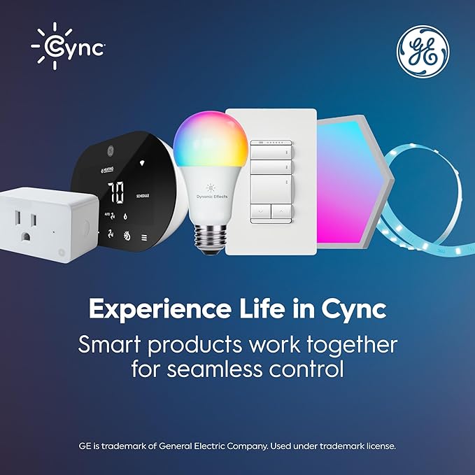 Cync GE A19 LED Smart Light Bulbs, Room Decor Aesthetic Bluetooth and WiFi Color Changing Lights, LED Indoor Light Bulb, Compatible with Alexa and Google (2 Pack)