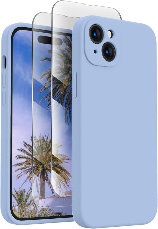 FireNova Designed for iPhone 15 Plus Case, Silicone [Camera Protection] Case with [2 Screen Protectors], Soft Anti-Scratch Microfiber Lining Inside, 6.7 inch, Light Blue