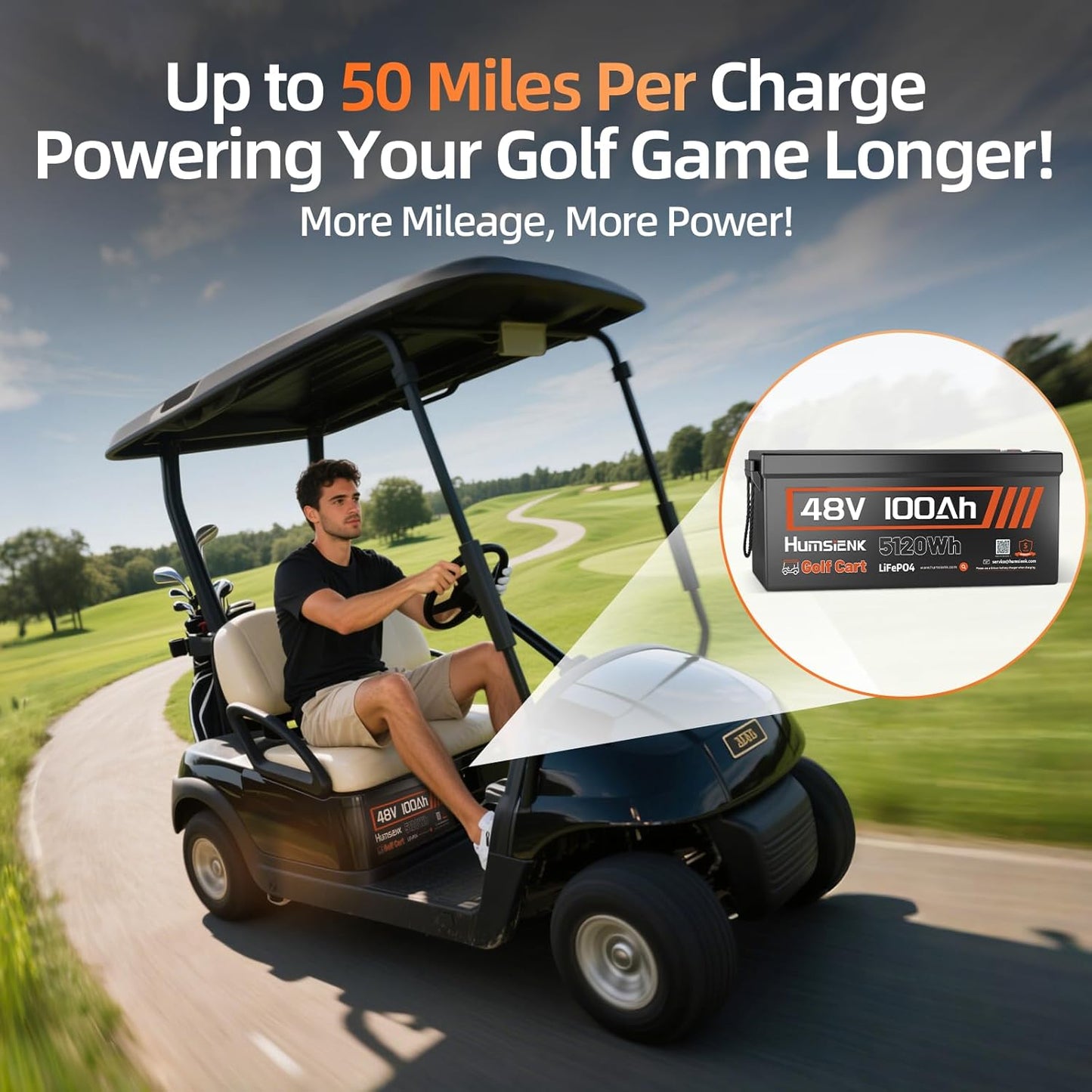 48V 100Ah Golf Cart LiFePO4 Lithium Battery with Bluetooth Group 8D, 15000+ Deep Cycle Battery, Built-in 200A BMS with Low-Temp Protection Golf Cart Accessories