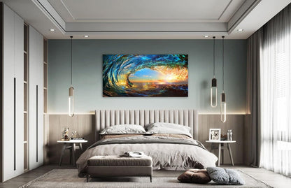 Cao Gen Decor Art S06775 Giant Wave Water Wall Art Canvas Prints 1 Panels Ocean Waves Pictures Paintings with Sunset Blue Seascape Framed for Living Room Bedroom Kicthen Office Artwork