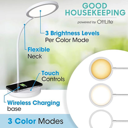 OttLite Good Housekeeping Circular LED Desk Lamp with Wireless Charging - Designed to Reduce Eyestrain - Adjustable Neck Desk Lamp for College Dorm Room, Crafting, Reading, 3 Color Modes