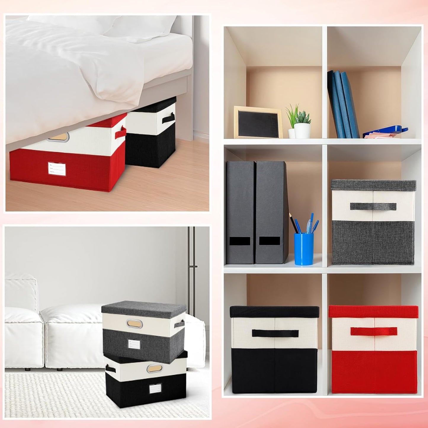 Large Linen Fabric Foldable Storage Bins with Removable Lid and Handles, Washable Storage Box Organizer Containers Baskets Cube with Cover for Bedroom,Office(Red&Cream, Large(2-Pack))