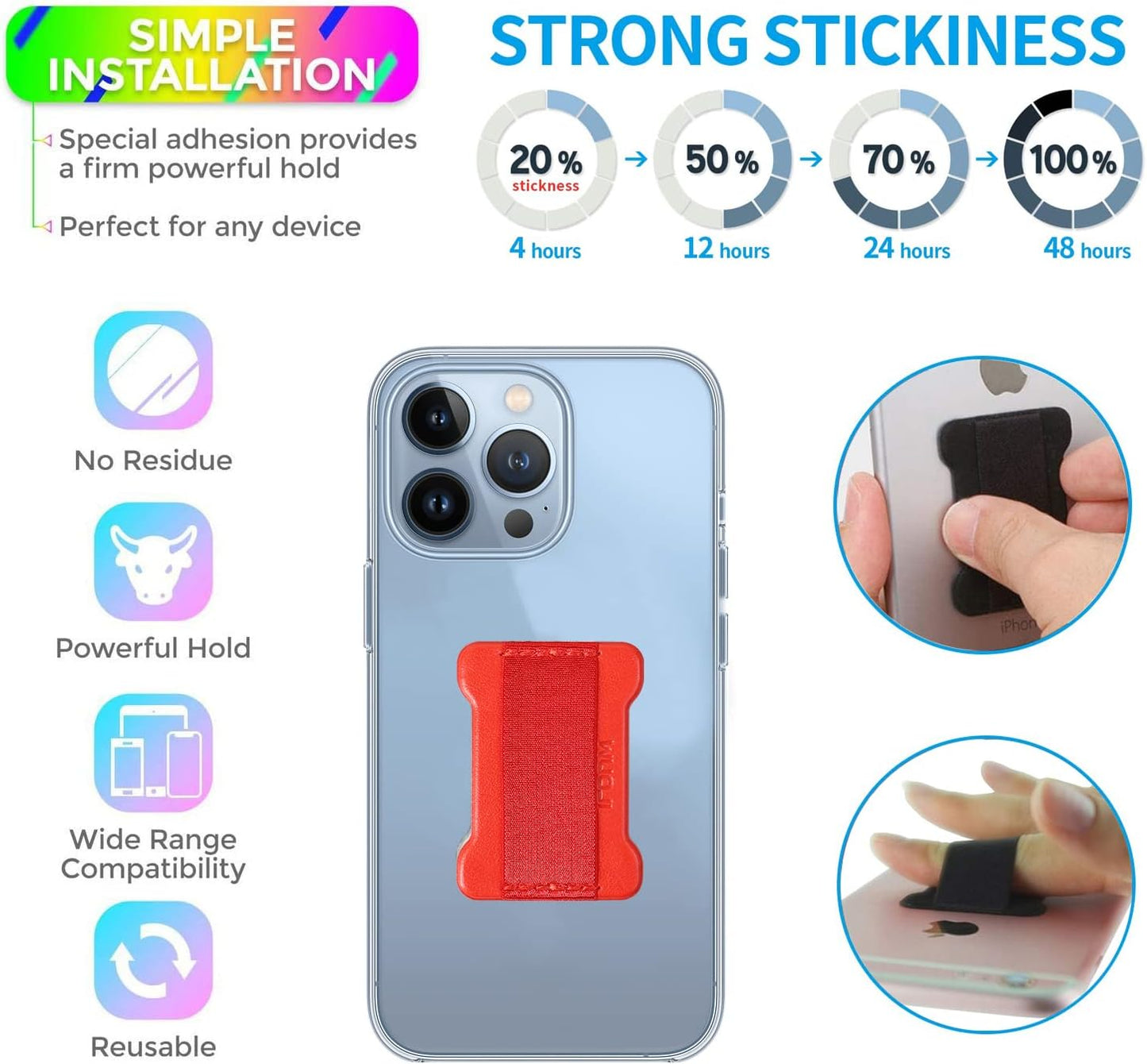 Universal Phone Grip for Smartphones - Phone Holder for Hand for Back of Phone - Wireless Charging Compatible (Black Red) - 2Pack