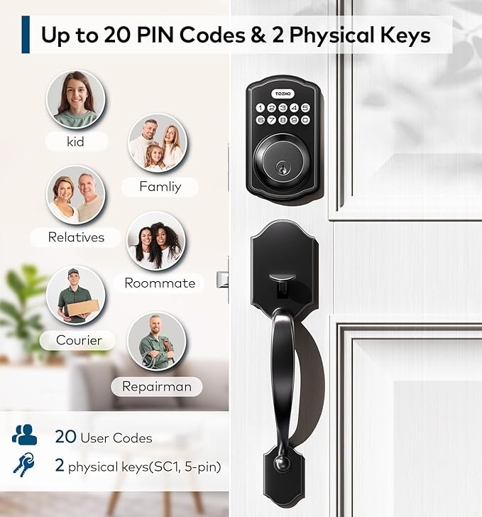 TEEHO TK001H Keyless Entry Door Lock with Handle Set, Electronic Deadbolt Keypad Door Lock with Code, Smart Locks for Front Door, Exterior Door Handle, Auto-Lock, Easy to Install, Matte Black