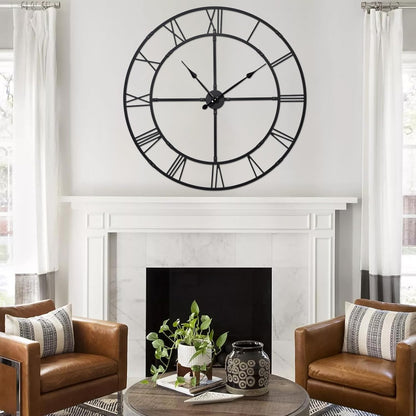 Large Wall Clock for Living Room Decor – 32 Inch Silent Non-Ticking Modern Farmhouse Wall Clock, Oversized Decorative Metal Roman Numeral Clock, Black