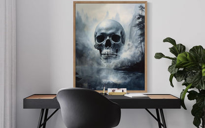 Foggy Skull Poster Art Print, Halloween Scary Vintage Wall Art Academia Spooky Painting Decoration for Horror Prints, Gothic Posters Bedroom Decor 89 (Foggy Skull, 8 x 10 inches, Wood Frame)