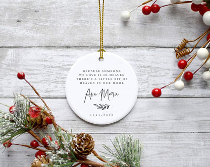 Andaz Press Personalized Round Ceramic Porcelain Christmas Ornament Keepsake Beareavement Memorial Gift, Because Someone We Love is in Heaven Ava Maria Carter 1944-2024, Antique Handdrawn, 1-Pack