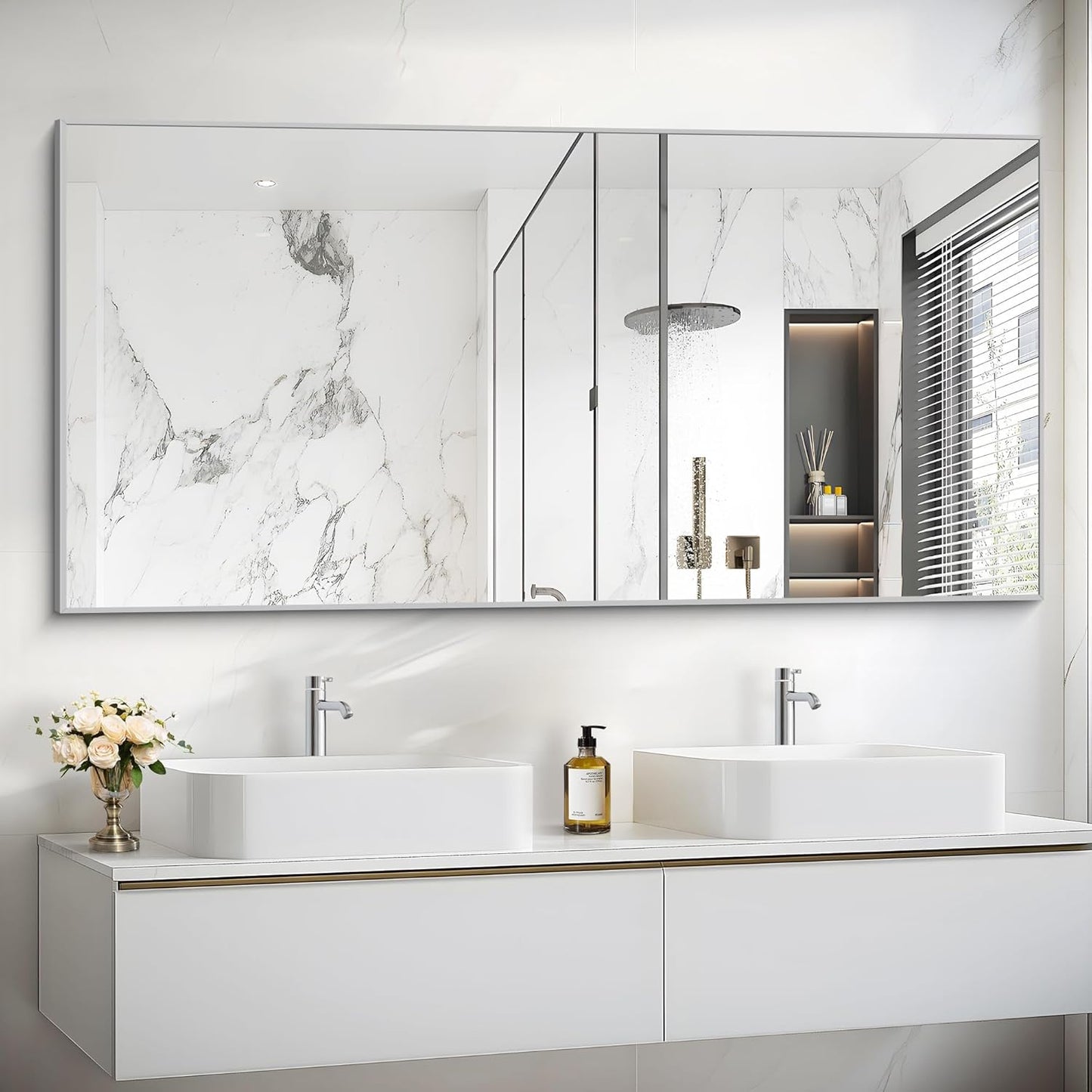 Silver Bathroom Mirror for Wall, 30x60 Inch Rectangle Mirrors with Metal Frame, Modern Vanity Large Wall Mirror for Bathroom Living Room, Entryway Hangs Horizontal or Vertical