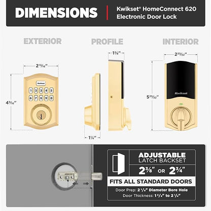 Kwikset HomeConnect 620 Z-Wave Long Range Enabled Keypad Smart Lock Convenient Keyless Entry, Customizable User Codes, Ring Alarm Compatible, Hub Required, Sold Separately Polished Brass Traditional
