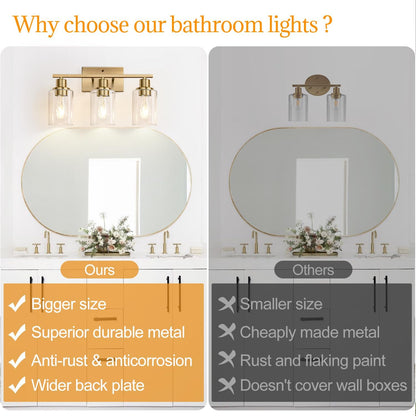 3 Light Bathroom Light Fixtures, Brass Vanity Lights for Bathroom with Clear Glass Shades, Modern Bathroom Wall Sconces for Mirror Living Room Cabinet