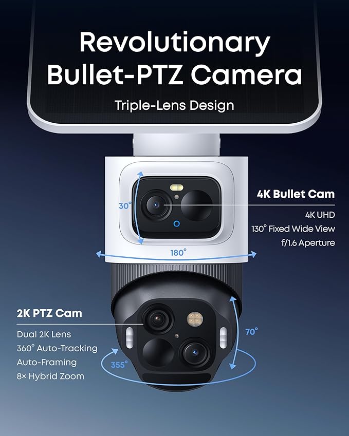 eufy Security eufyCam S4,4K Solar Camera Wireless Outdoor, Triple Lens Bullet-PTZ Cam, 360° View, 8X Auto Zoom, AI Recognition,AI Track, Color Night Vision, 0 Monthly Fee, Local Storage