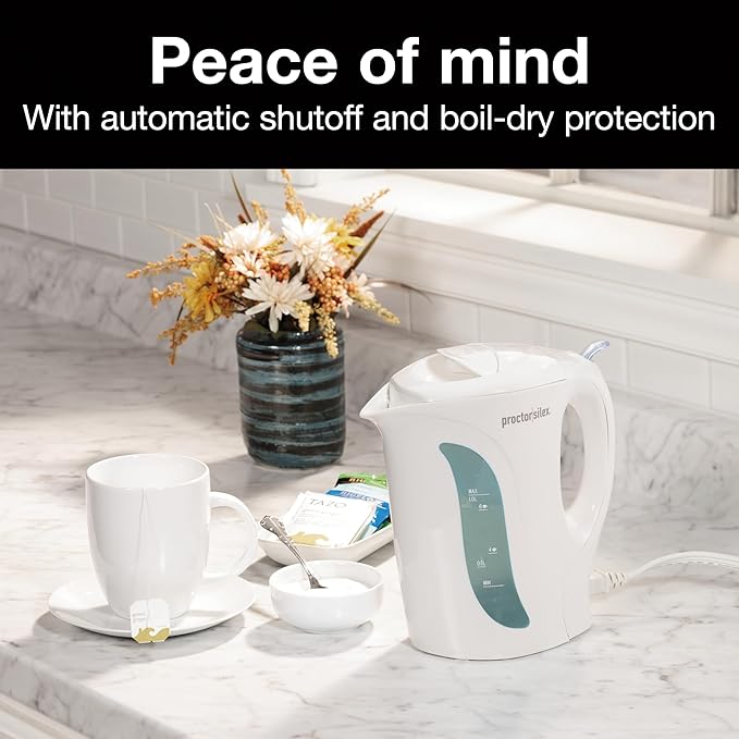 Proctor Silex Electric Tea Kettle, Water Boiler & Heater Auto-Shutoff & Boil-Dry Protection, 1000 Watts for Fast Boiling, 1 Liter, White (Pack of 2)